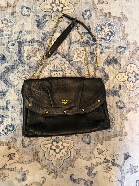MCM Handbags - MCM Black Pebbled Leather Shoulder Bag with Gold Hardware